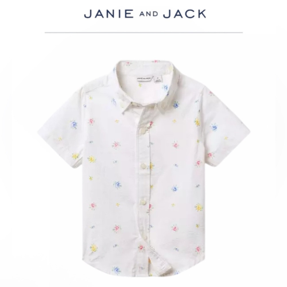 Janie and Jack Boy’s Floral Seersucker Short Sleeve Button Down Shirt